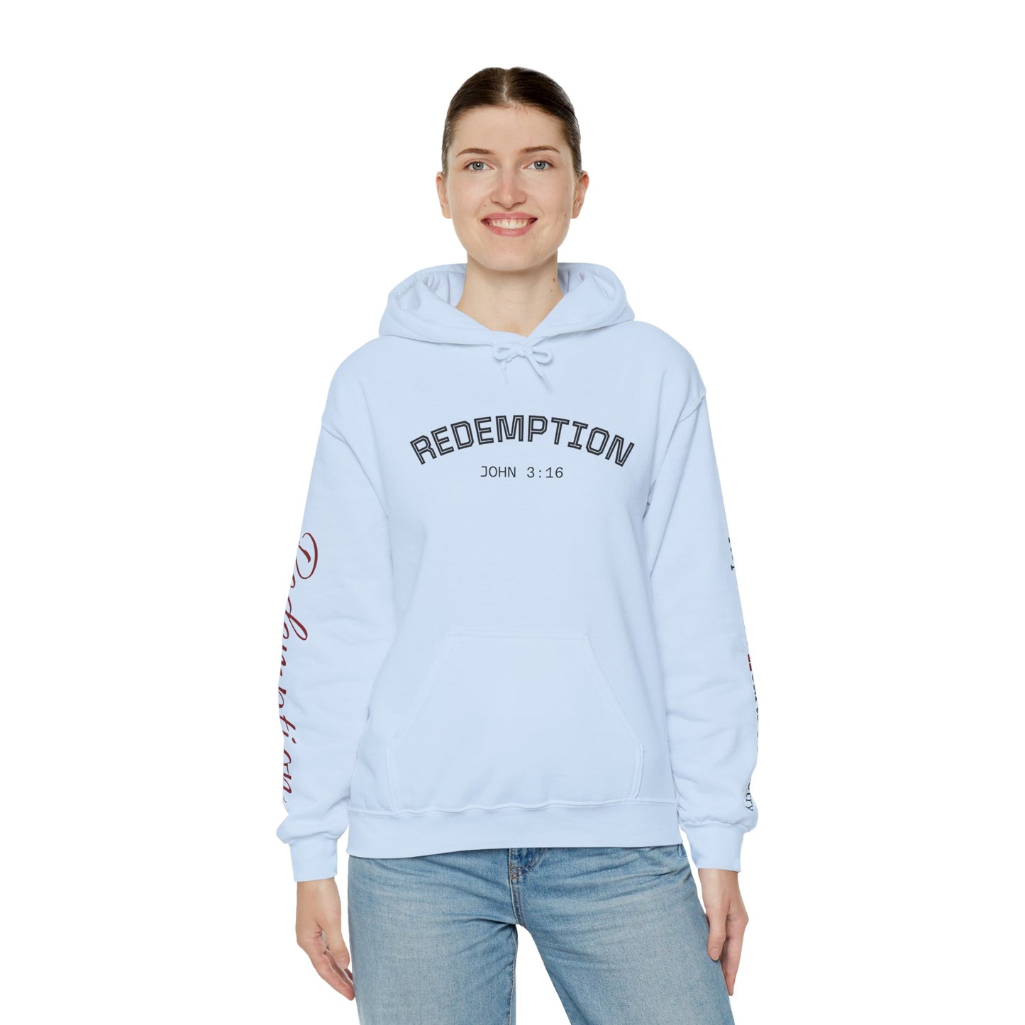 Redemption John 3:16 Hoodie — RHM Pullover with Scripture Back Print