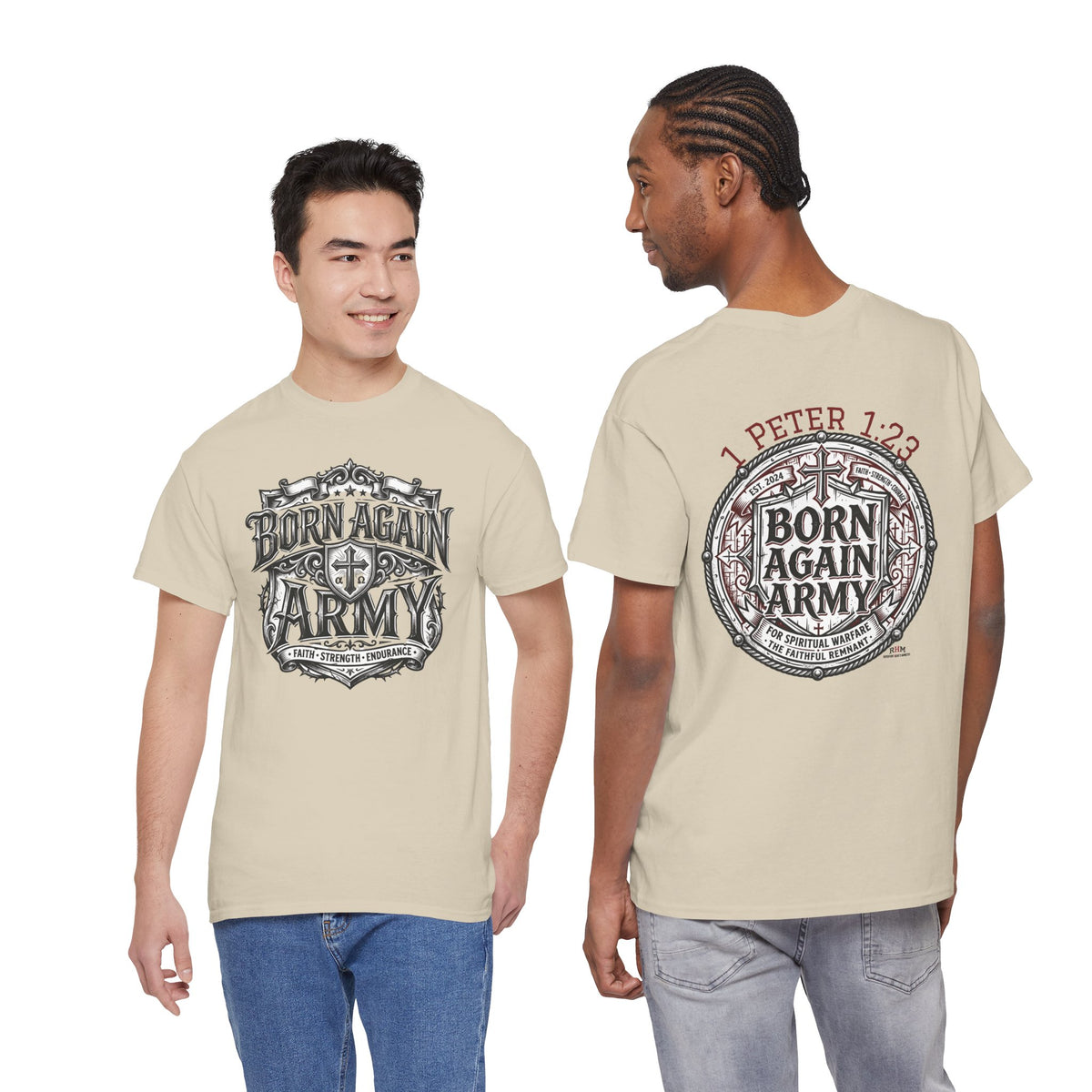 Born Again Army T-Shirt — Christian Faith Graphic Tee (1 Peter 1:23)