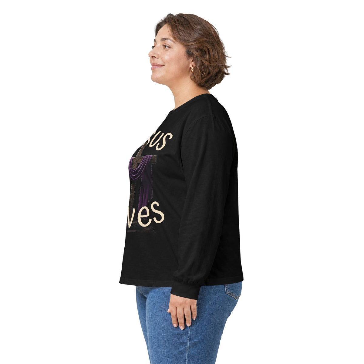 Jesus Saves with Cross image Long Sleeve T-shirt — 1 Cor. 15:3-4 Scripture