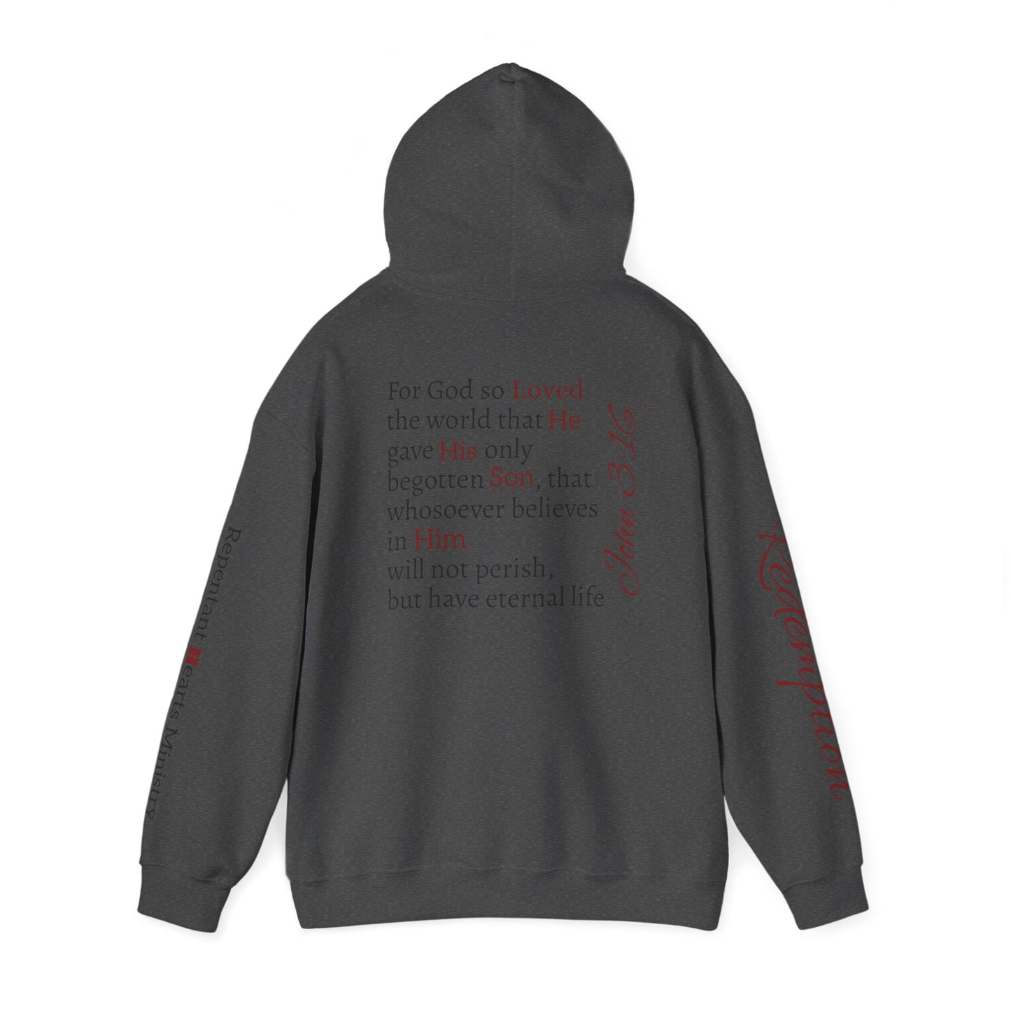 Redemption John 3:16 Hoodie — RHM Pullover with Scripture Back Print