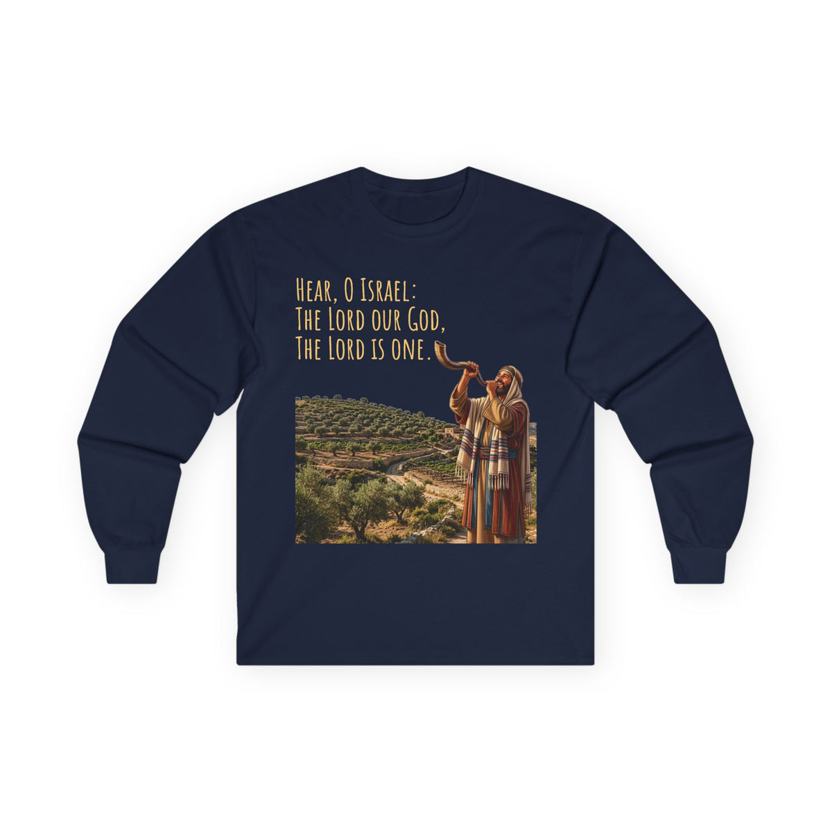 Shema Prayer: Hear, O Israel Long Sleeve T-shirt — Blowing the shofar