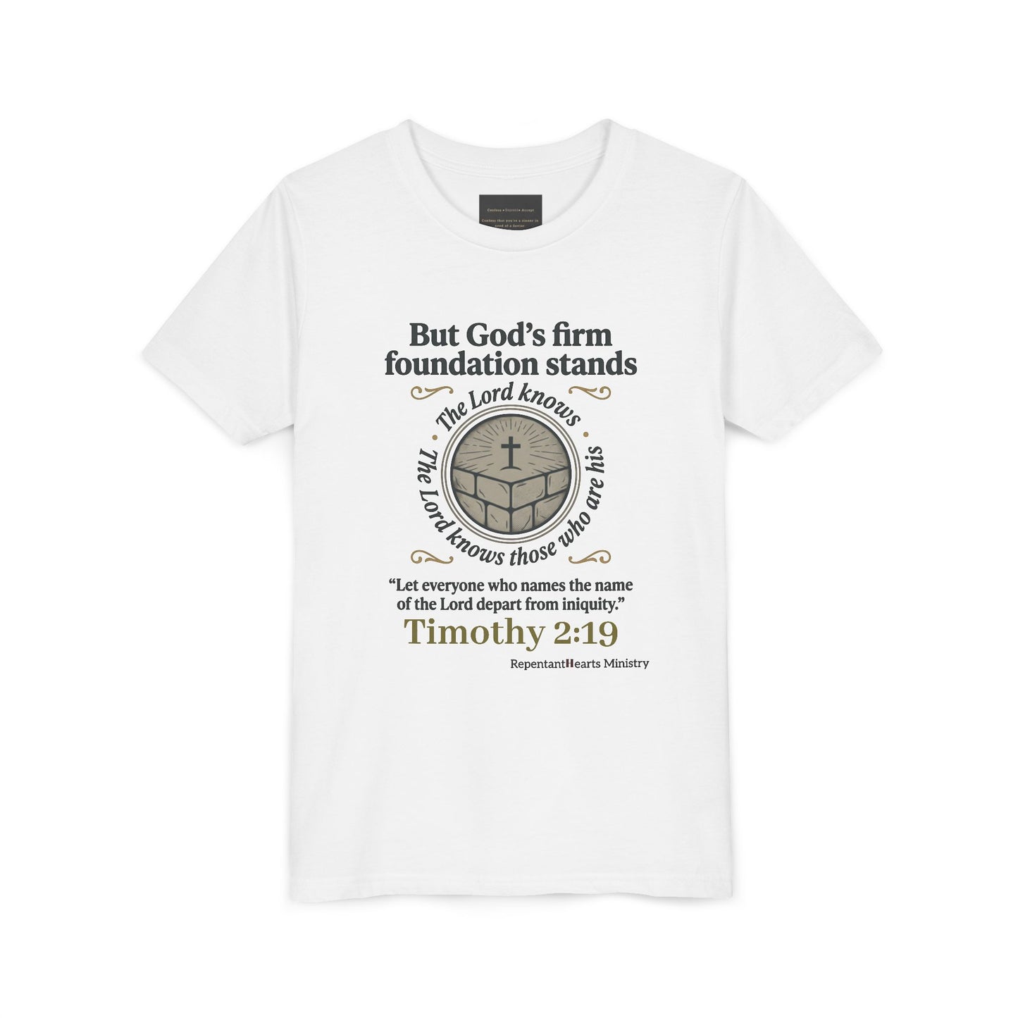 Youth Christian Tee Timothy 2:19 — "But God's Firm Foundation Stands" Scripture Shirt