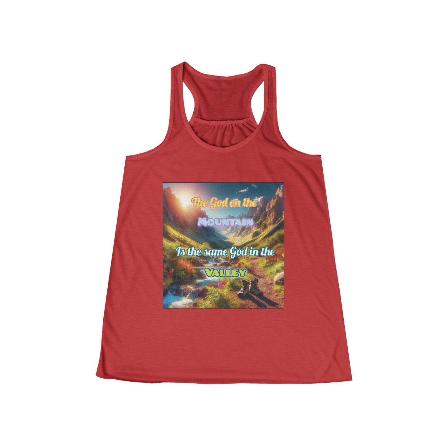 Biblical Ladies Flowy Racerback Tank - 'God on the Mountain and Valley'
