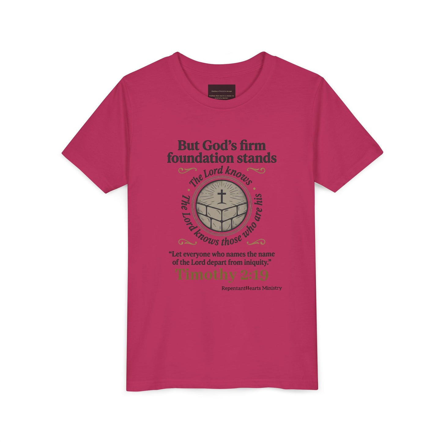 Youth Christian Tee Timothy 2:19 — "But God's Firm Foundation Stands" Scripture Shirt