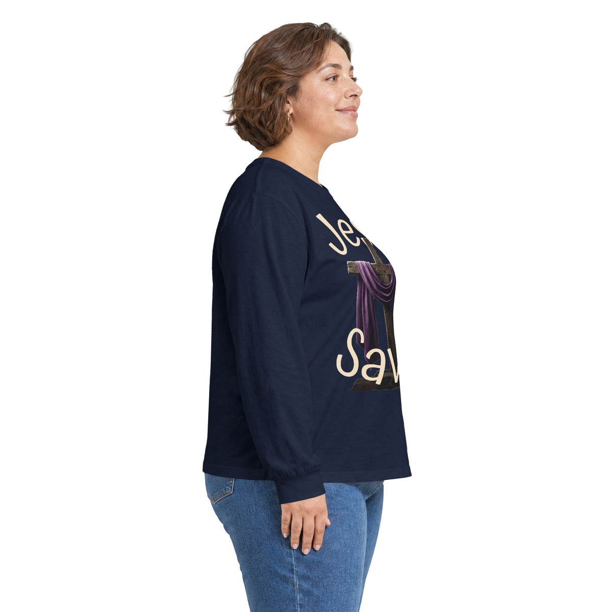 Jesus Saves with Cross image Long Sleeve T-shirt — 1 Cor. 15:3-4 Scripture