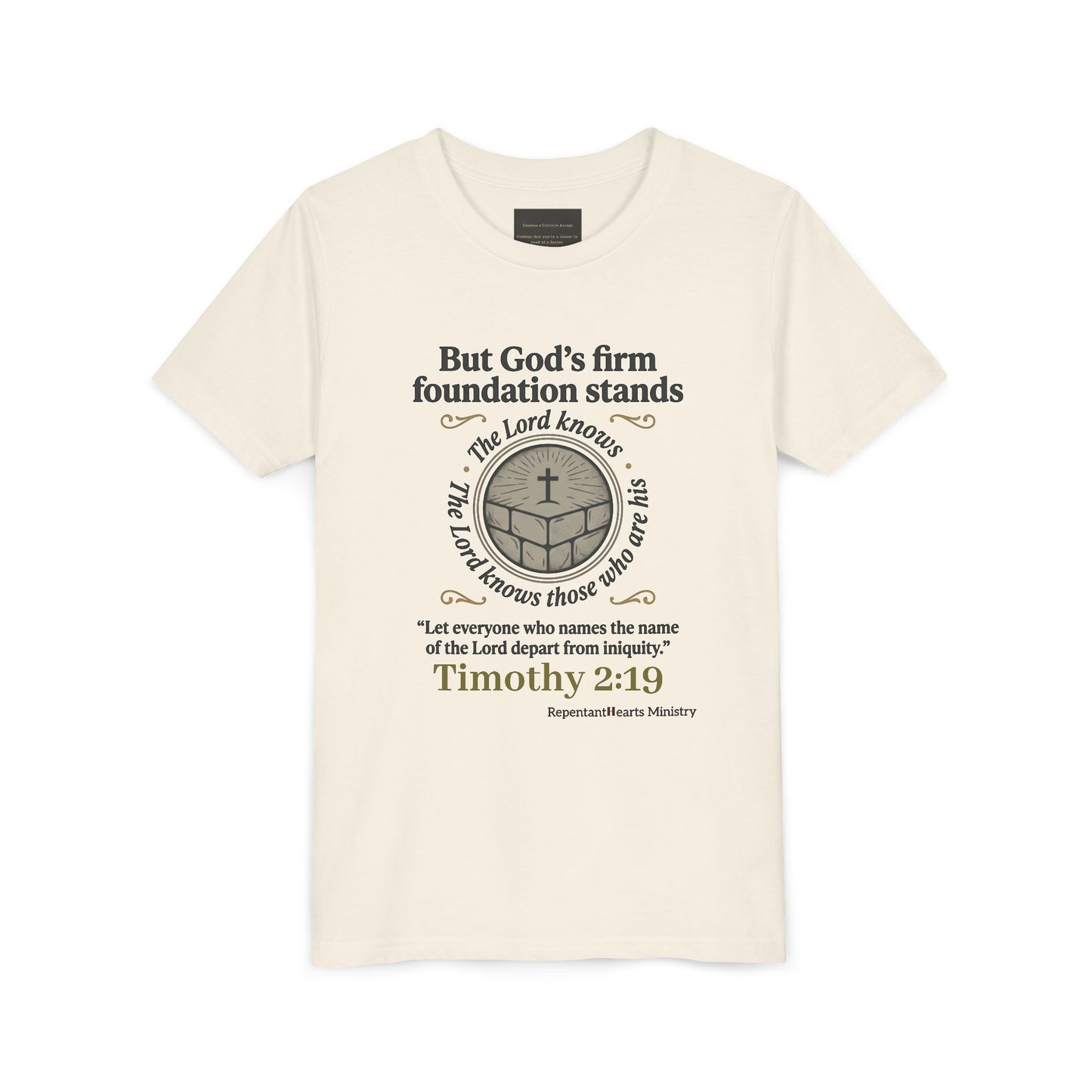 Youth Christian Tee Timothy 2:19 — "But God's Firm Foundation Stands" Scripture Shirt