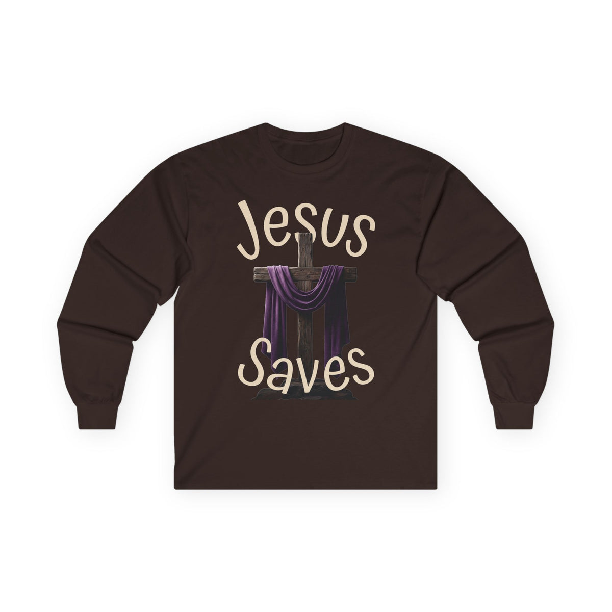 Jesus Saves with Cross image Long Sleeve T-shirt — 1 Cor. 15:3-4 Scripture
