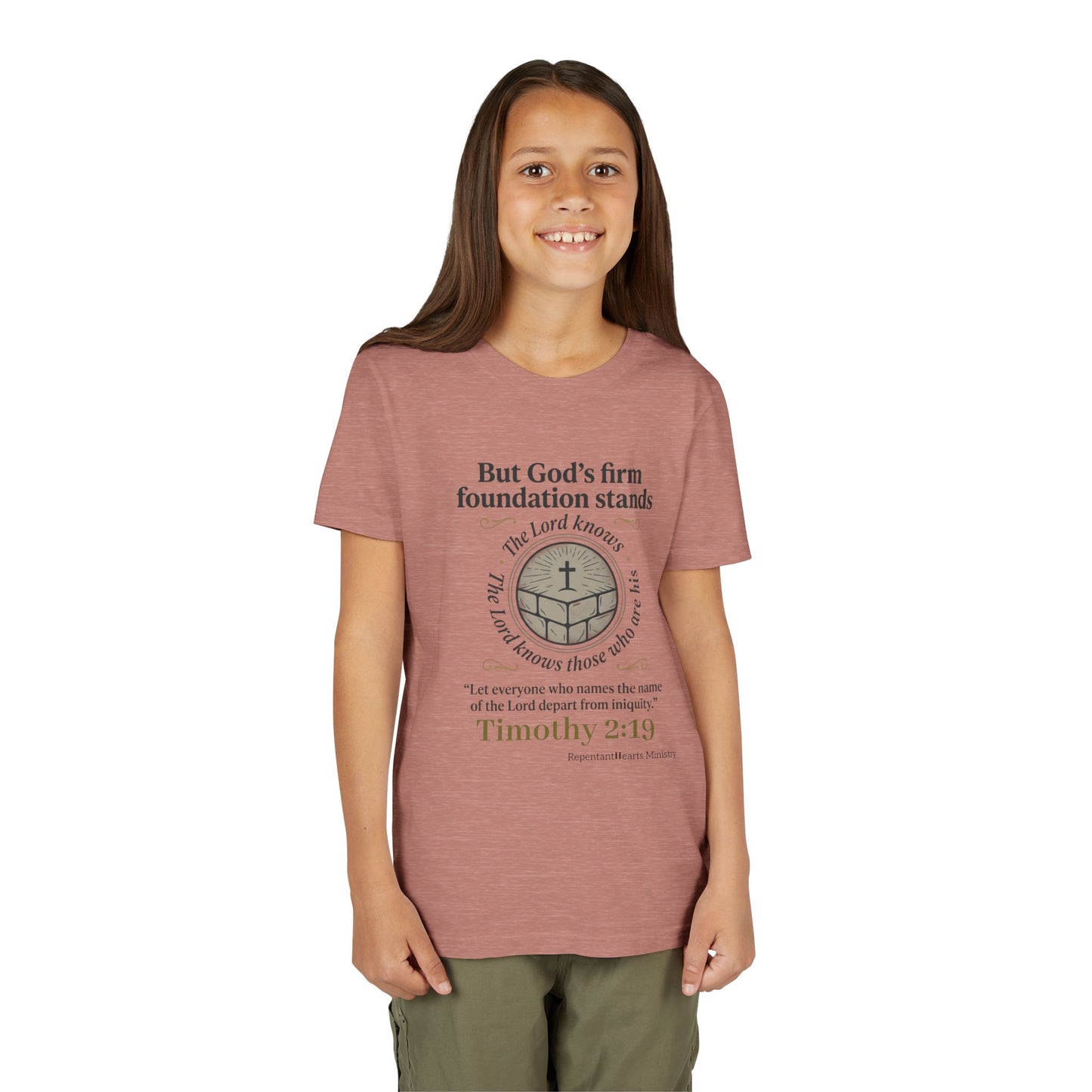 Youth Christian Tee Timothy 2:19 — "But God's Firm Foundation Stands" Scripture Shirt