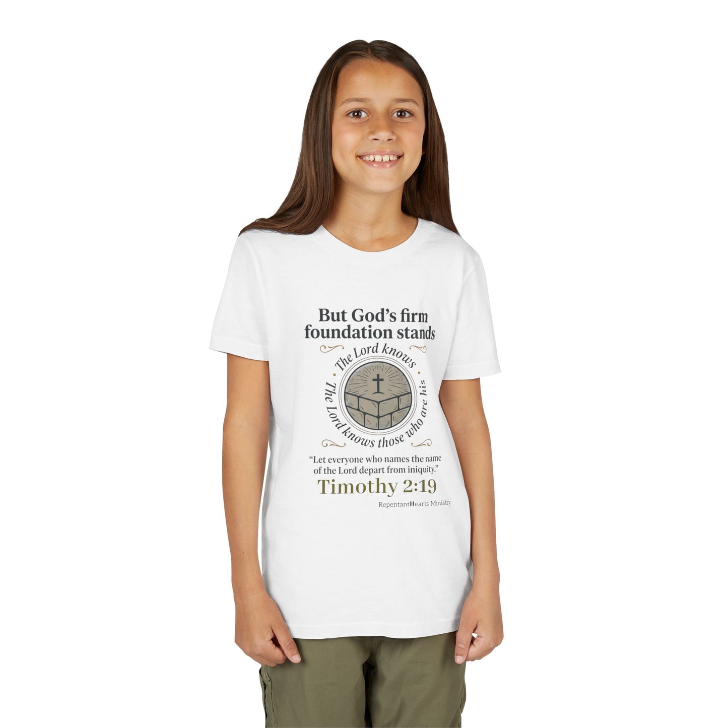 Youth Christian Tee Timothy 2:19 — "But God's Firm Foundation Stands" Scripture Shirt