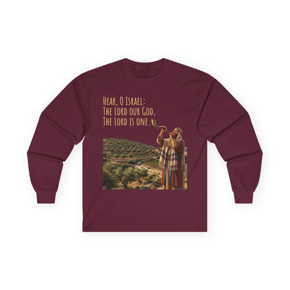 Shema Prayer: Hear, O Israel Long Sleeve T-shirt — Blowing the shofar
