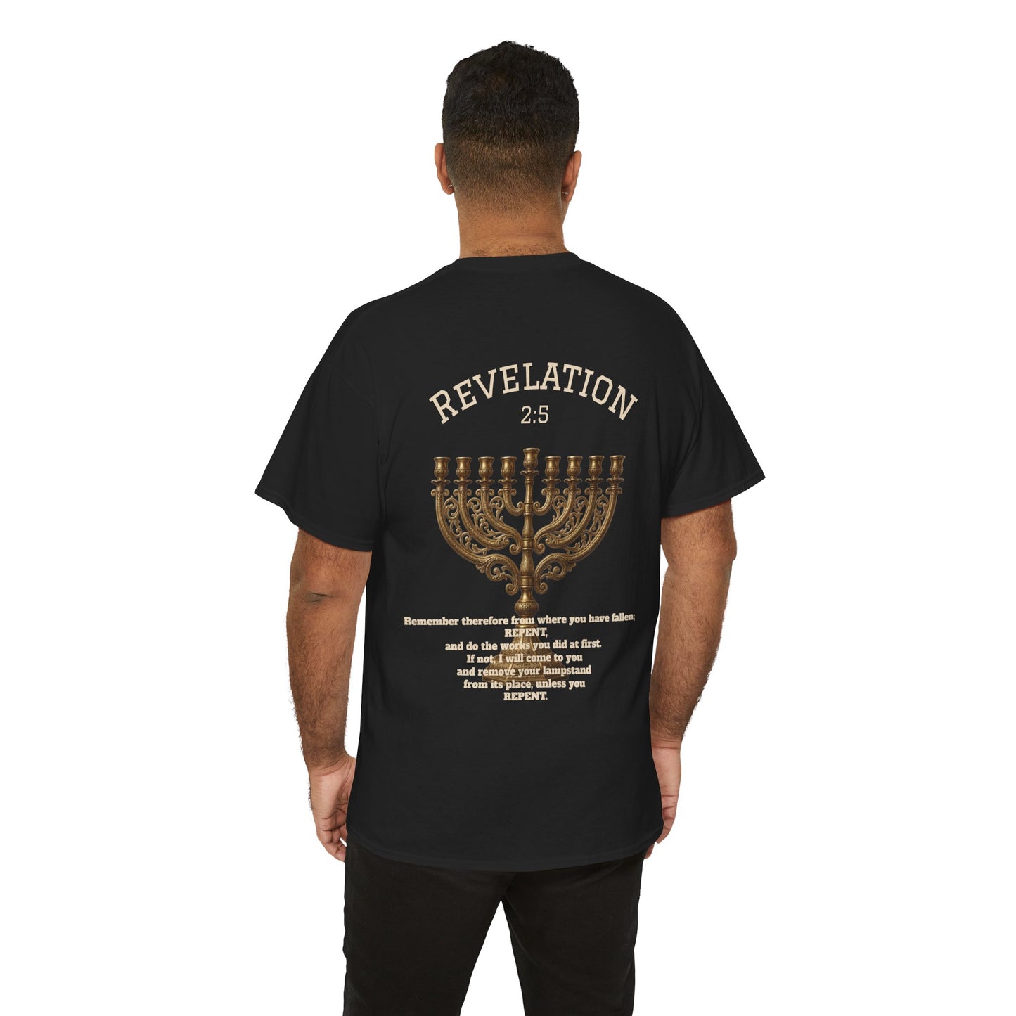 Rev 2:5 T-Shirt- Repentant Hearts Ministry Tee — RHM Logo & Menorah Back Print