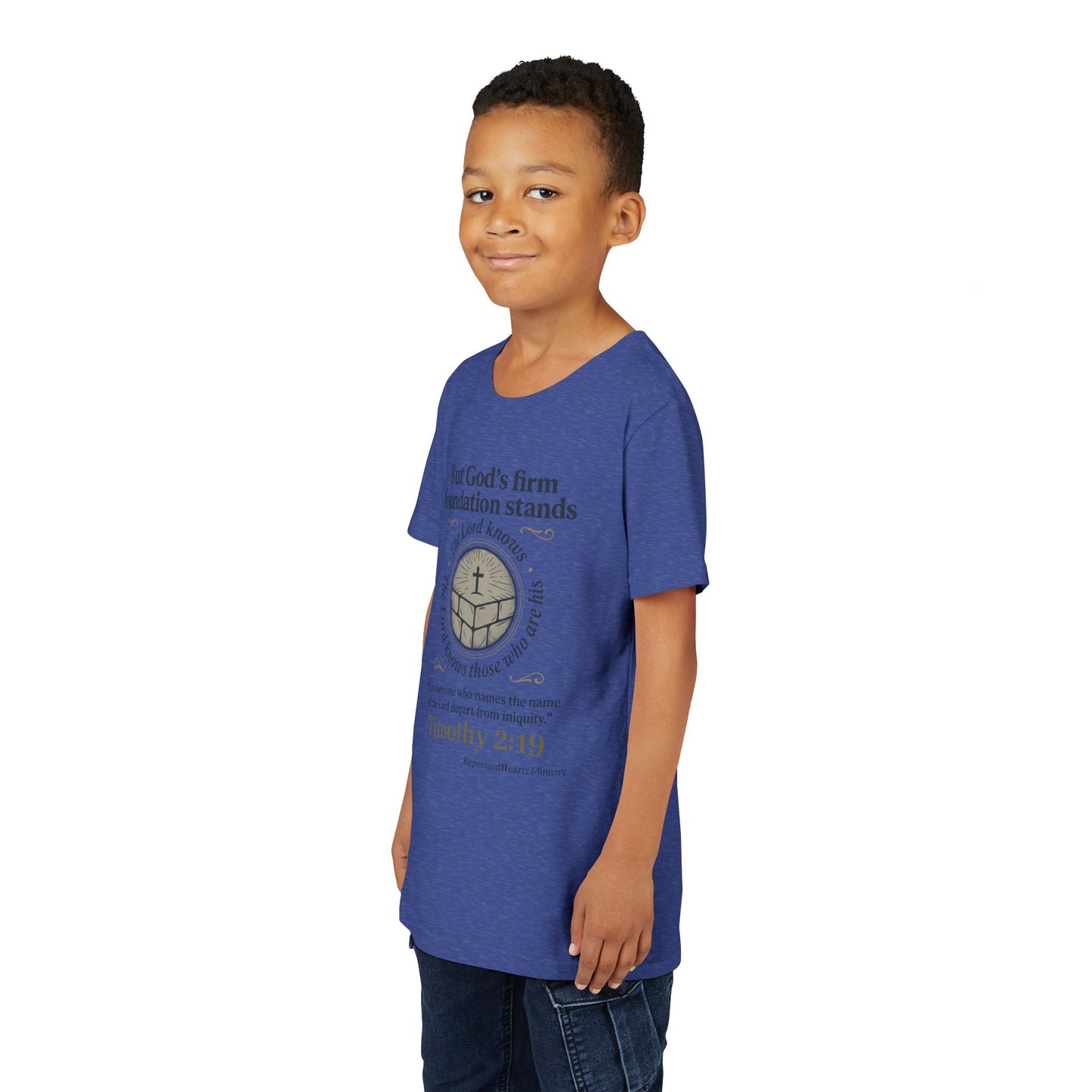 Youth Christian Tee Timothy 2:19 — "But God's Firm Foundation Stands" Scripture Shirt