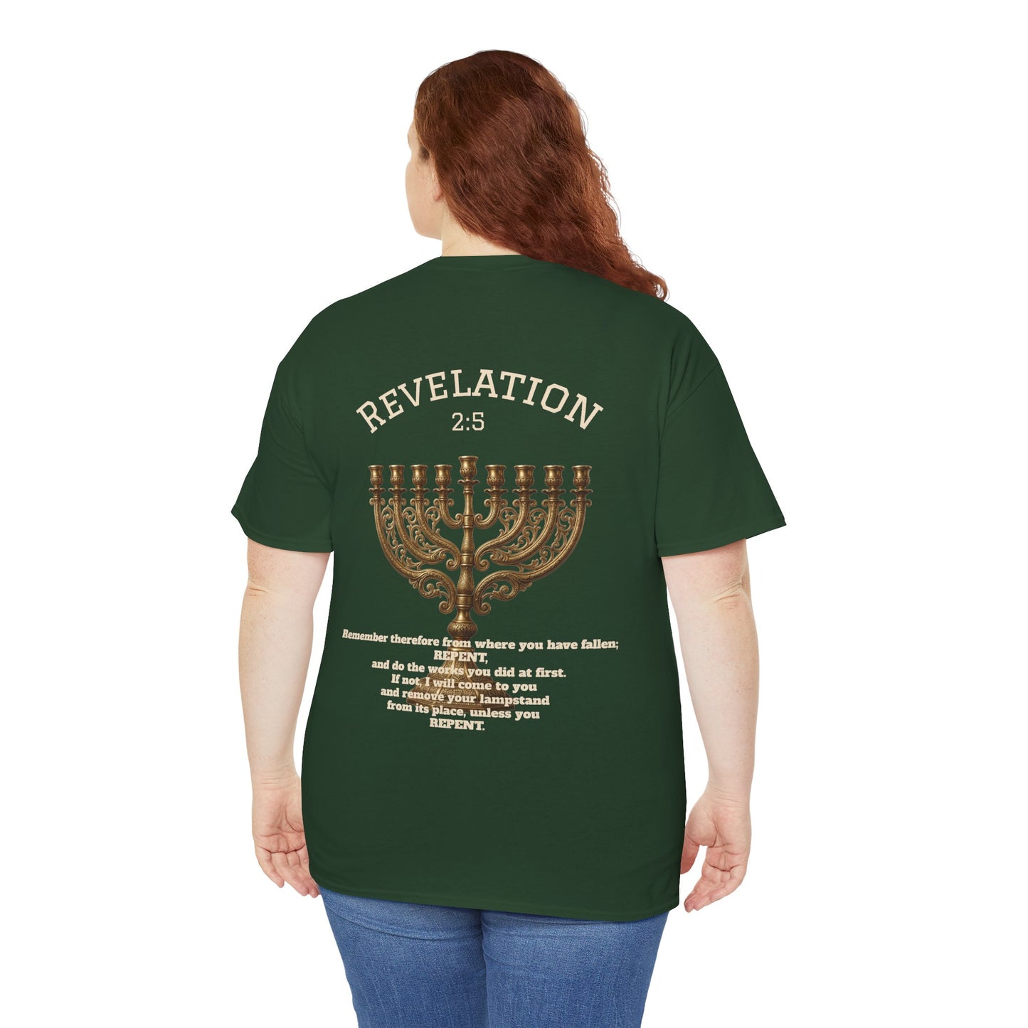 Rev 2:5 T-Shirt- Repentant Hearts Ministry Tee — RHM Logo & Menorah Back Print