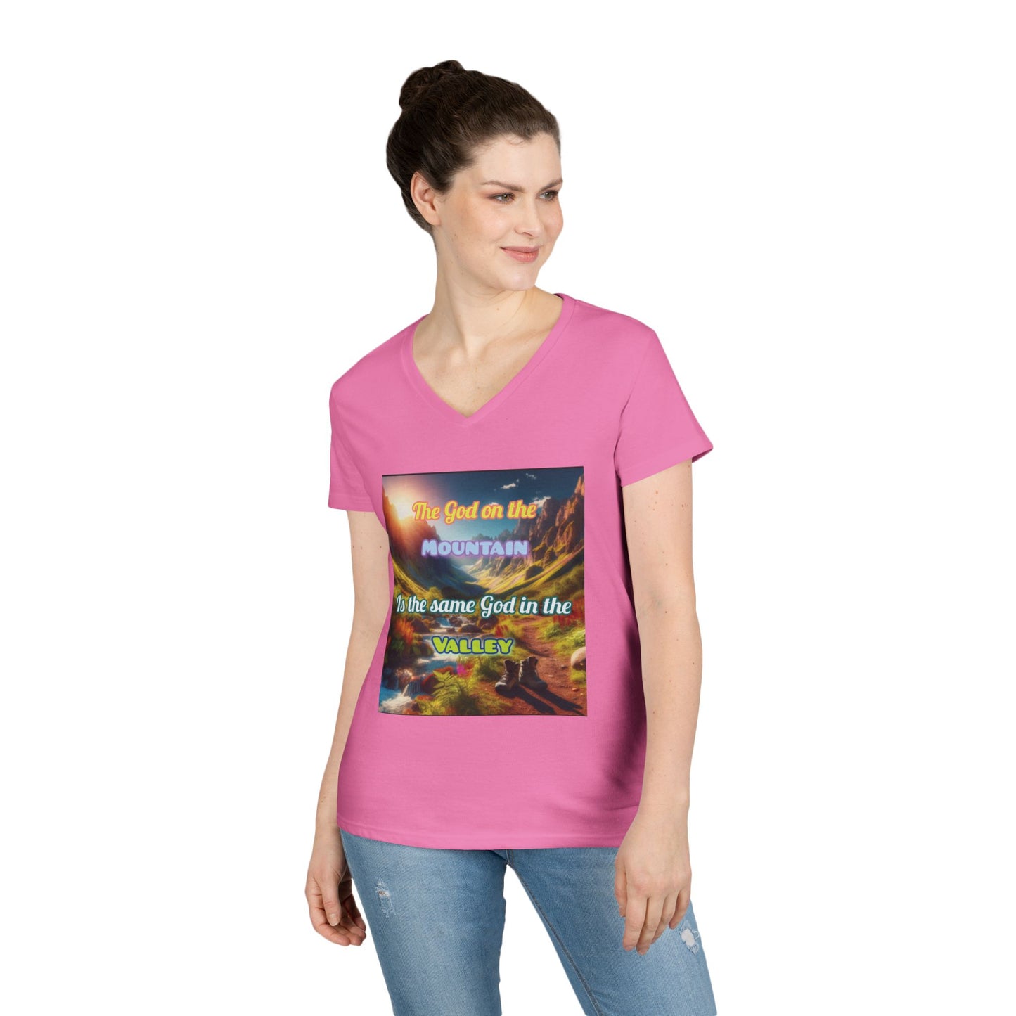 Biblical Ladies' V-Neck T-Shirt - God on the Mountain, Valley Design
