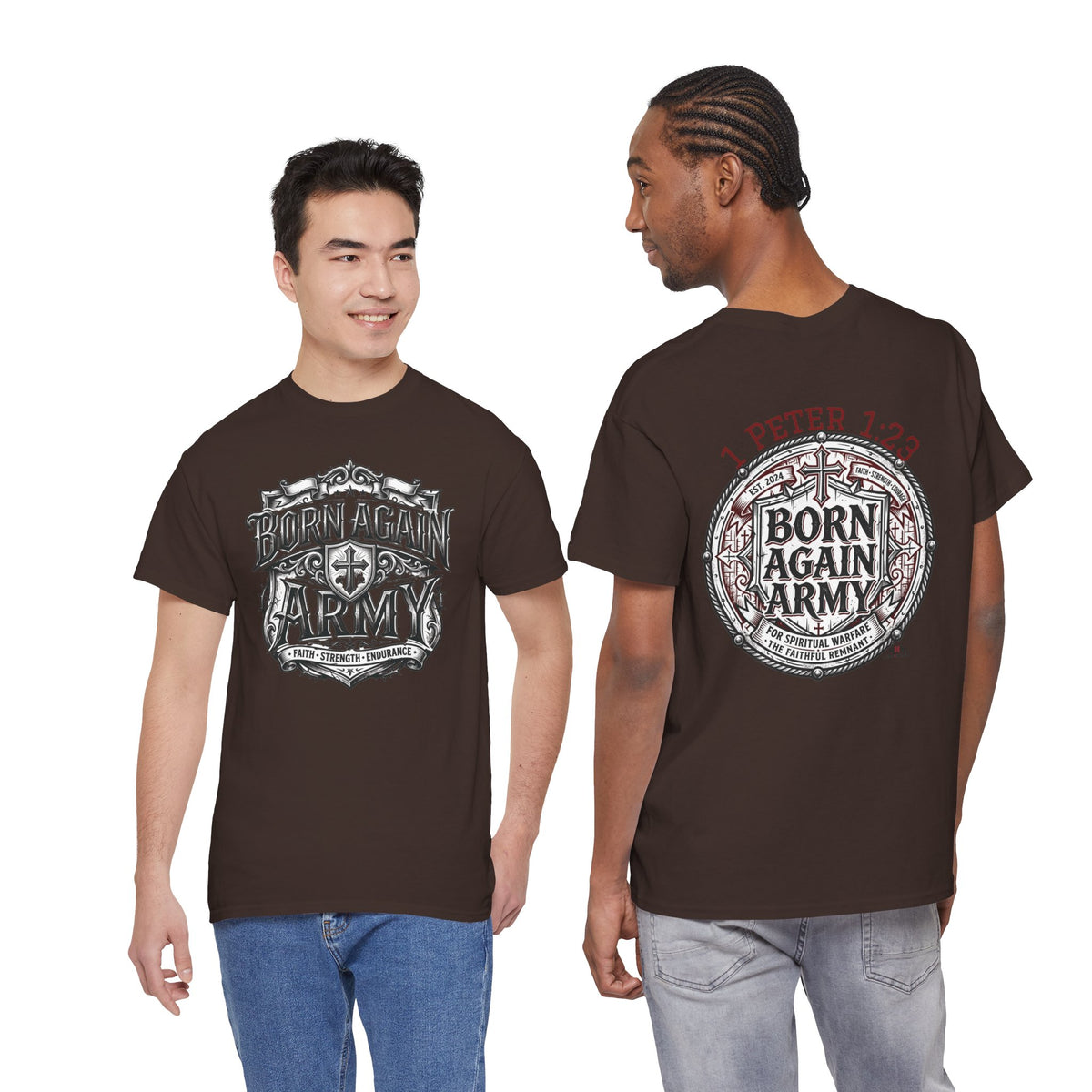 Born Again Army T-Shirt — Christian Faith Graphic Tee (1 Peter 1:23)