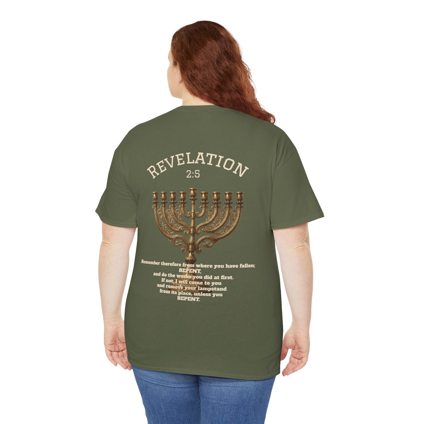 Rev 2:5 T-Shirt- Repentant Hearts Ministry Tee — RHM Logo & Menorah Back Print