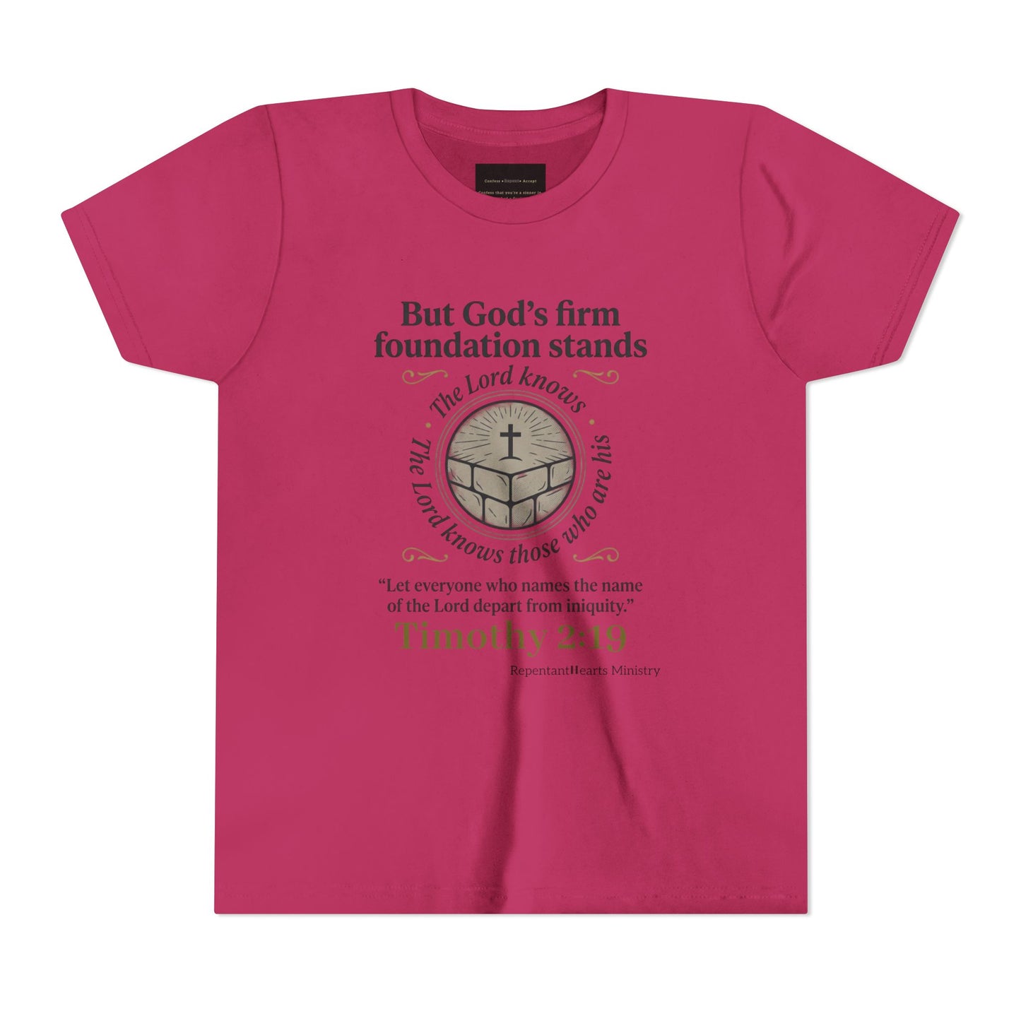 Youth Christian Tee Timothy 2:19 — "But God's Firm Foundation Stands" Scripture Shirt