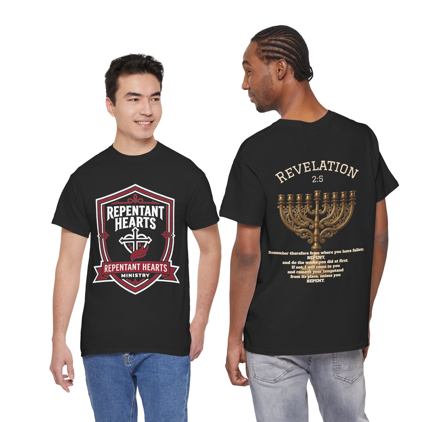 Rev 2:5 T-Shirt- Repentant Hearts Ministry Tee — RHM Logo & Menorah Back Print