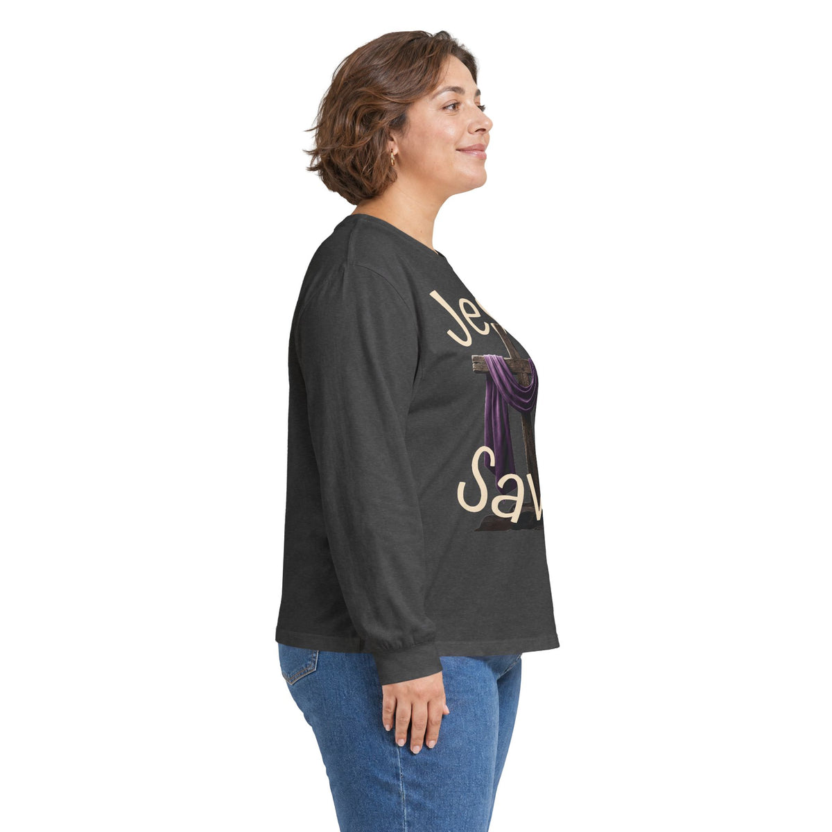 Jesus Saves with Cross image Long Sleeve T-shirt — 1 Cor. 15:3-4 Scripture