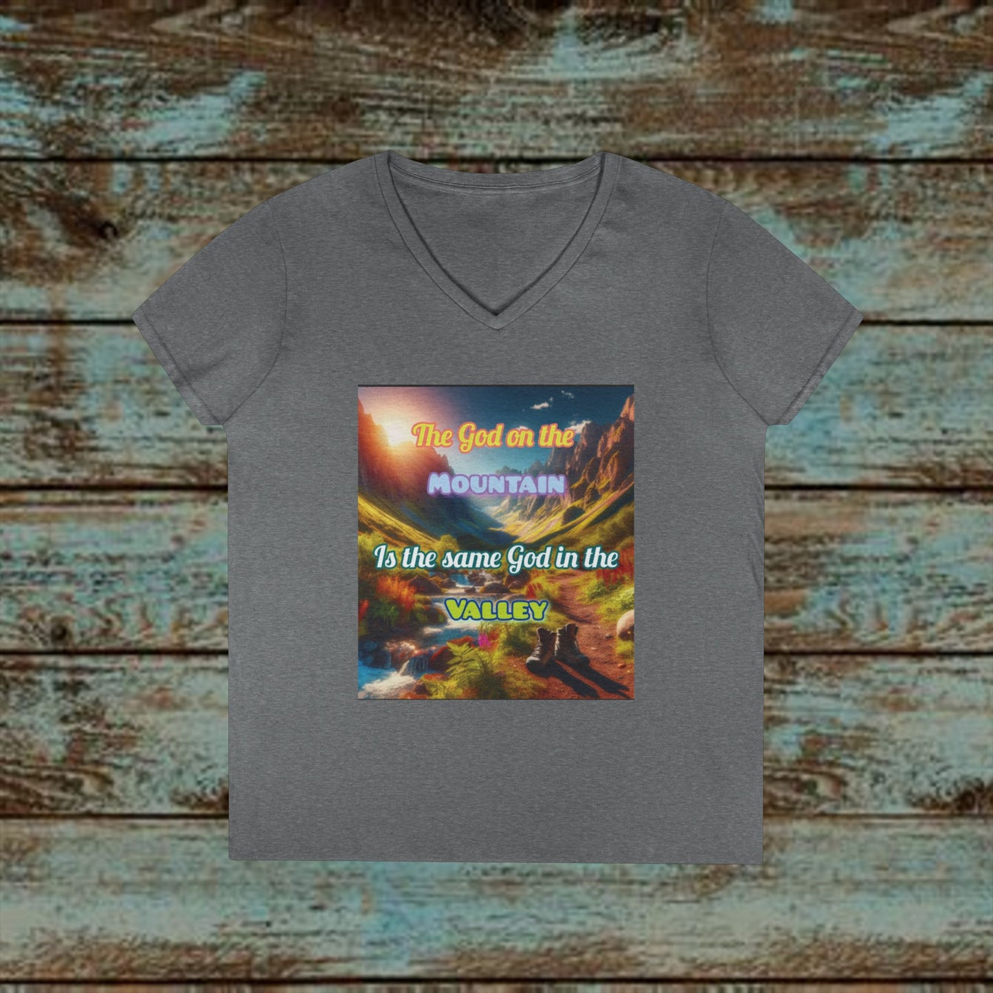 Biblical Ladies' V-Neck T-Shirt - God on the Mountain, Valley Design