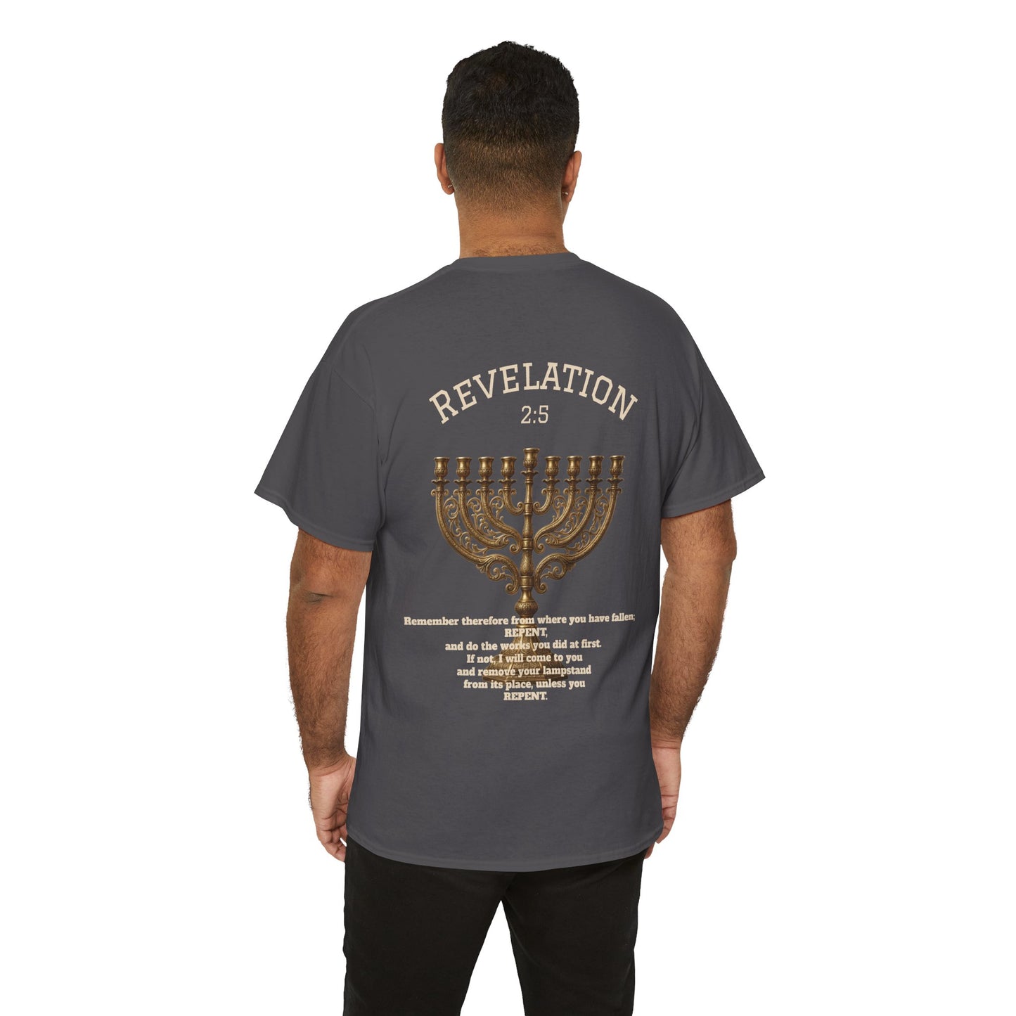 Rev 2:5 T-Shirt- Repentant Hearts Ministry Tee — RHM Logo & Menorah Back Print