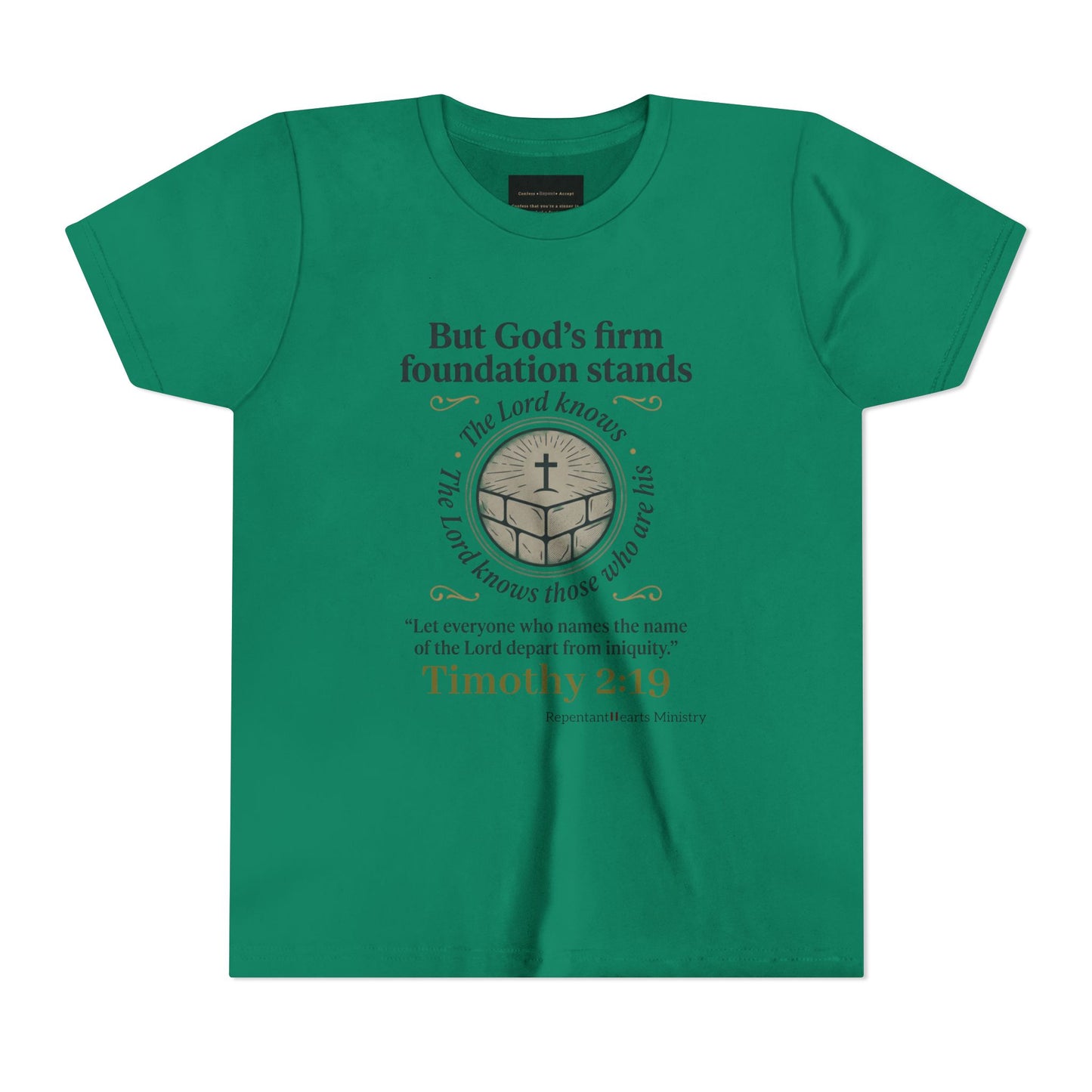 Youth Christian Tee Timothy 2:19 — "But God's Firm Foundation Stands" Scripture Shirt
