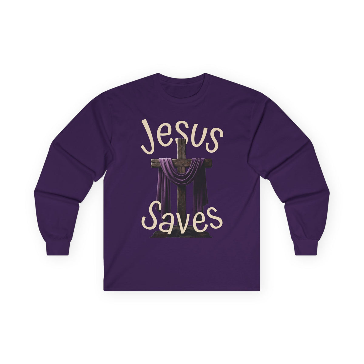 Jesus Saves with Cross image Long Sleeve T-shirt — 1 Cor. 15:3-4 Scripture