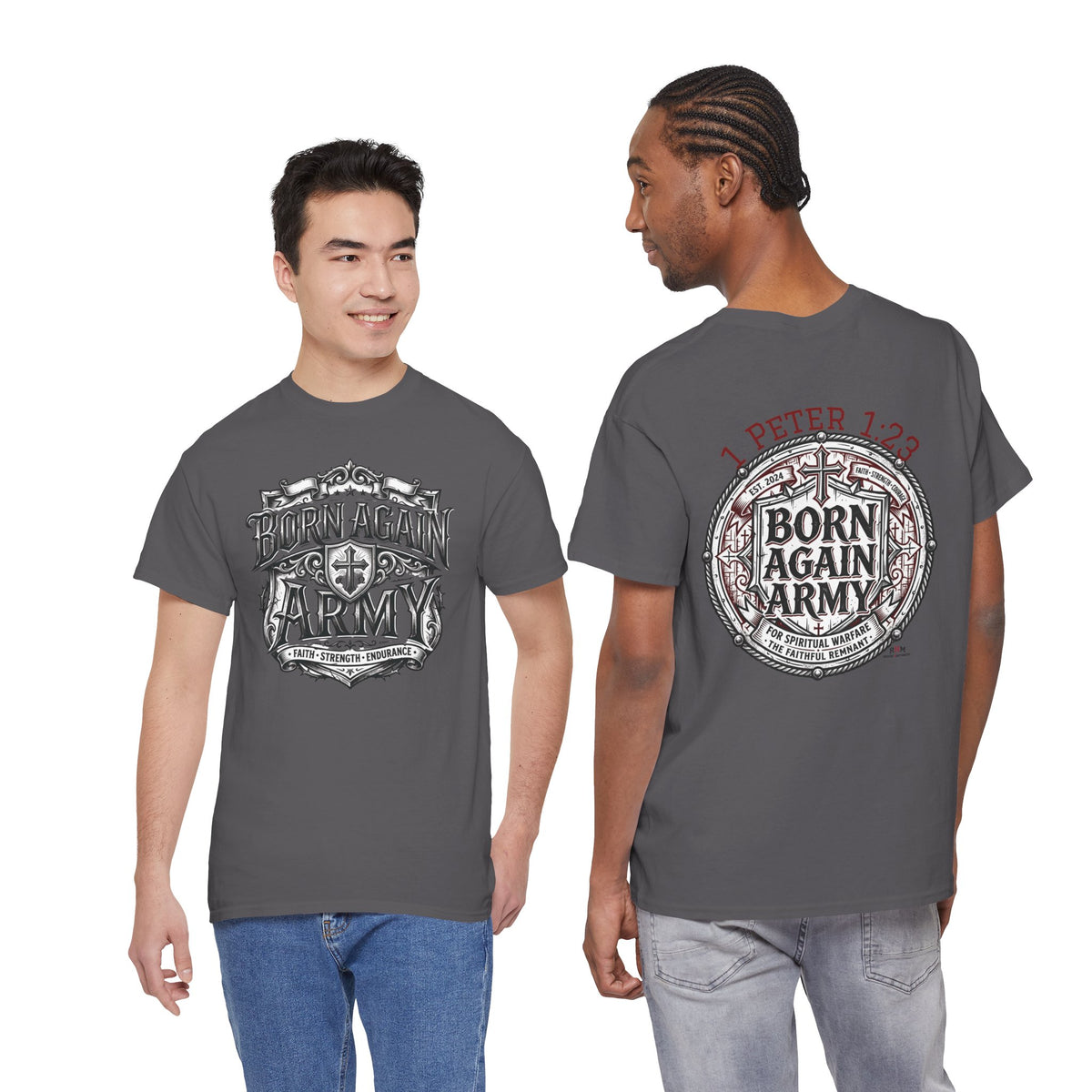 Born Again Army T-Shirt — Christian Faith Graphic Tee (1 Peter 1:23)