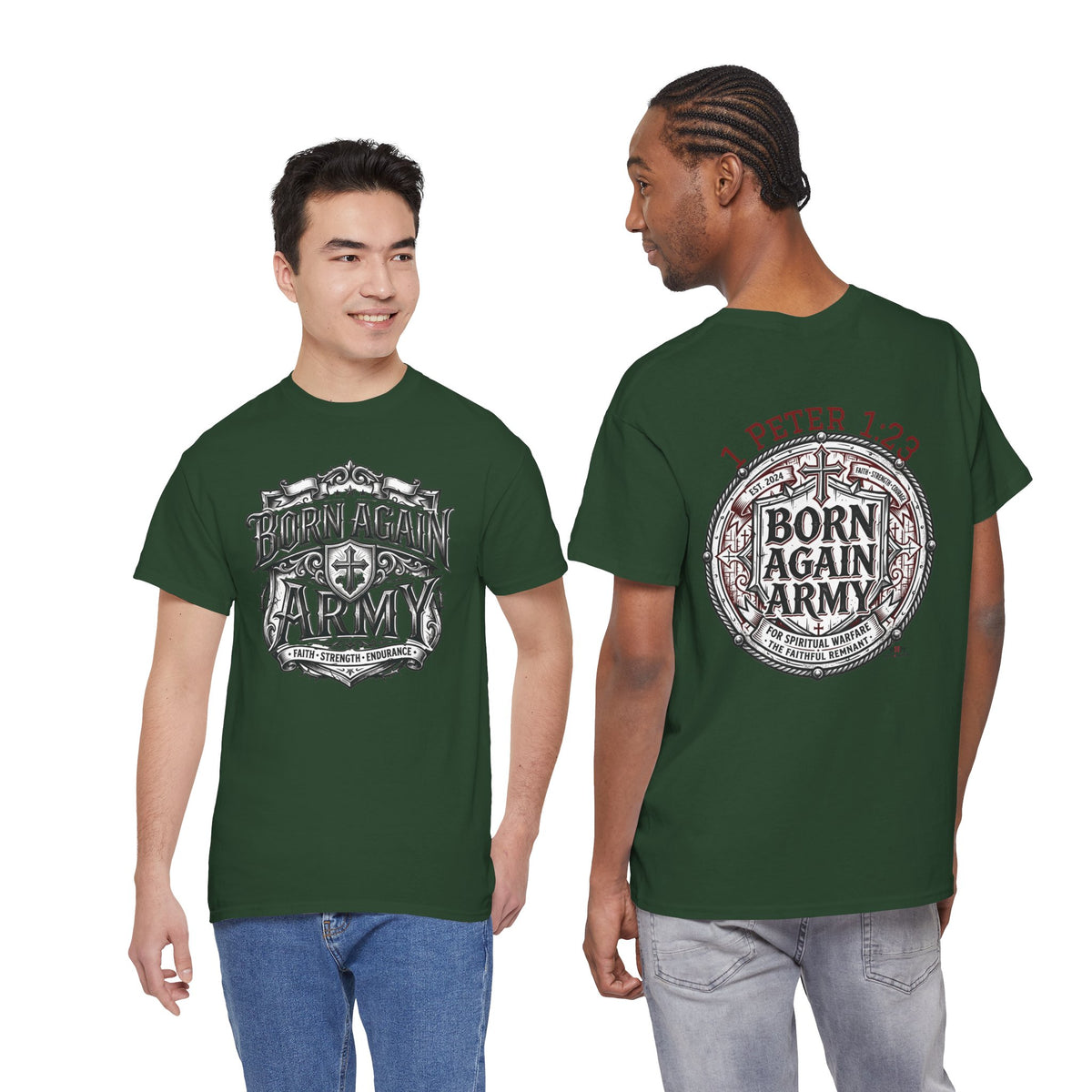 Born Again Army T-Shirt — Christian Faith Graphic Tee (1 Peter 1:23)