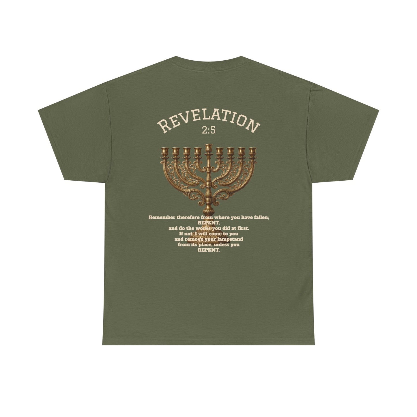 Rev 2:5 T-Shirt- Repentant Hearts Ministry Tee — RHM Logo & Menorah Back Print