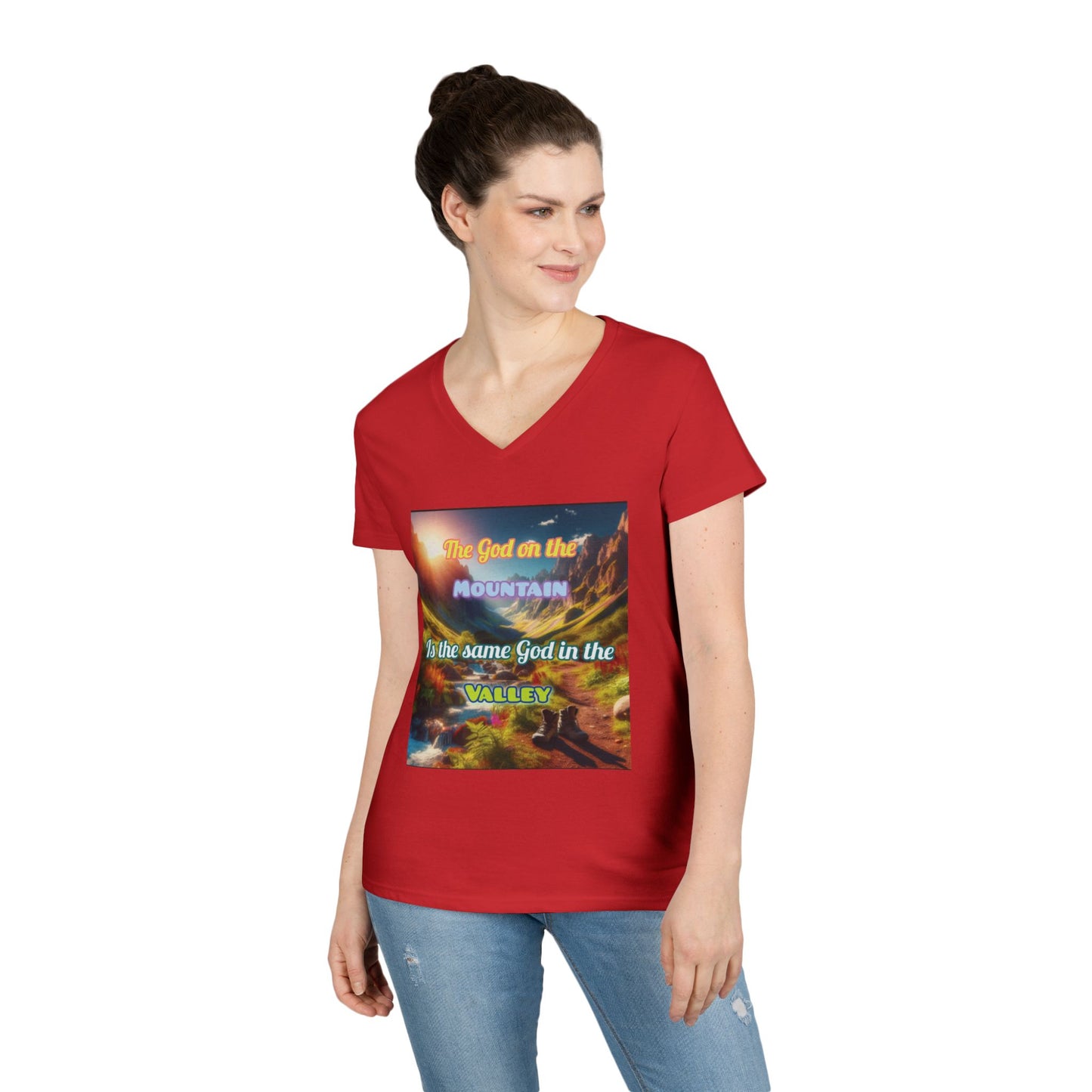 Biblical Ladies' V-Neck T-Shirt - God on the Mountain, Valley Design
