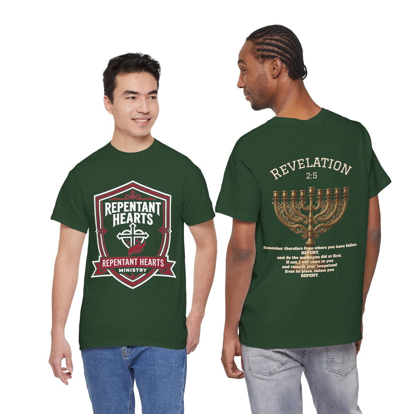 Rev 2:5 T-Shirt- Repentant Hearts Ministry Tee — RHM Logo & Menorah Back Print