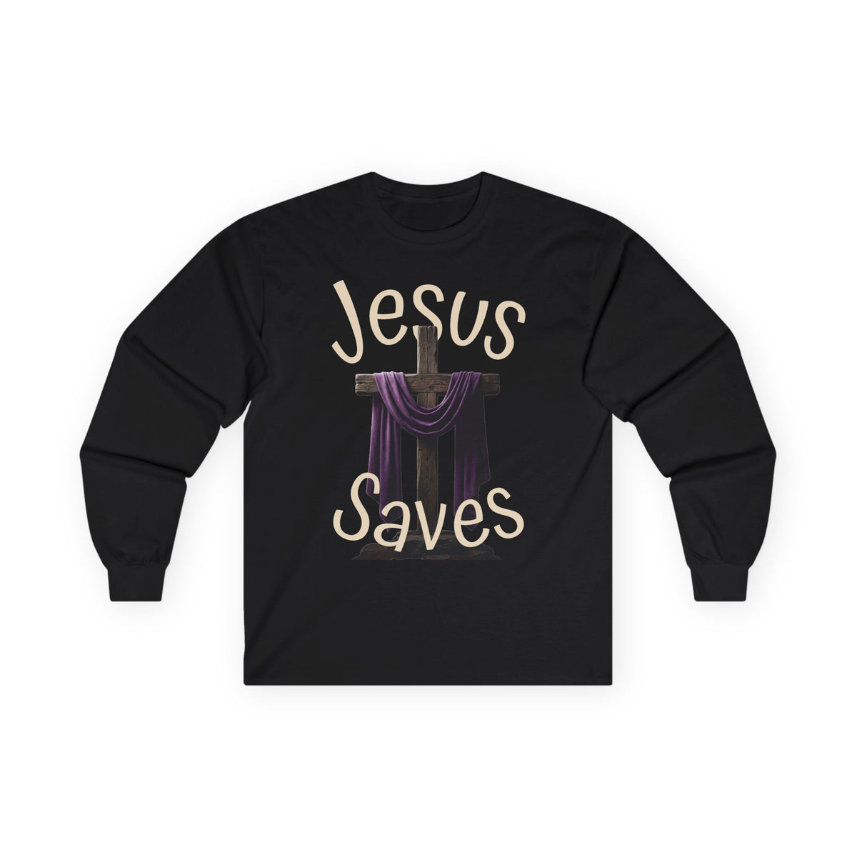 Jesus Saves with Cross image Long Sleeve T-shirt — 1 Cor. 15:3-4 Scripture